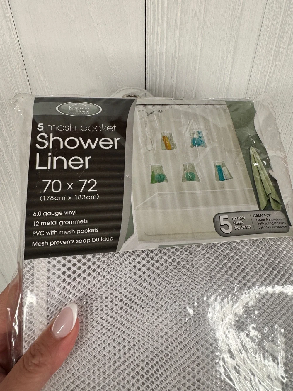 Kennedy 70”x72” PVC Shower Liner with 5 Mesh Built-In Pockets